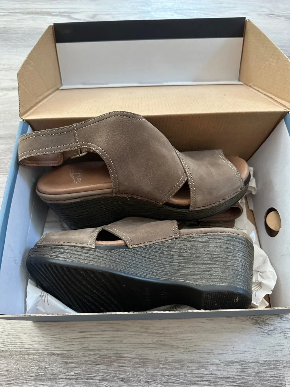 Dansko Taupe Nubuck Wedge Sandals